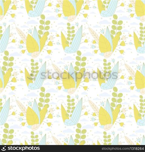 Colorful Floral Seamless Pattern in Pastel Colors, Summer Mood Decorative Background with Bouquet of Wild Flowers, Different Colors and Shapes Leaves Flat Vector Illustrations on White Background