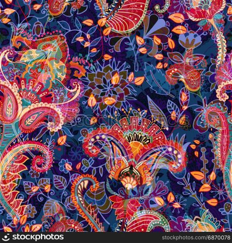 Colorful floral seamless pattern. Paisley ornament. Decorative flowers and grass. Design for fabrics, cards, web, decoupage. Colorful floral seamless pattern. Paisley ornament. Decorative flowers and grass. Design for fabrics, cards, web