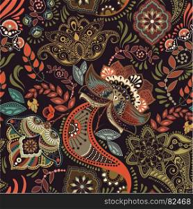 Colorful floral seamless pattern. Paisley ornament. Decorative flowers. Floral ethnic style