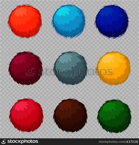 Colorful fluffy pompom fur balls isolated on transparent background. Vector illustration. Colorful fluffy pompom fur balls