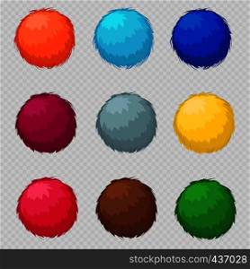 Colorful fluffy pompom fur balls isolated on transparent background. Vector illustration. Colorful fluffy pompom fur balls