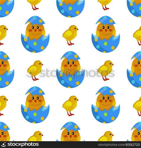 Colorful fluffy spring yellow chicken and newborn chick hatched from shell isolated on white background. Mascots of Easter celebration, symbols of new life vector illustration. Friendly feast animals. Chicken and Newborn Chick Hatch from Shell Vector