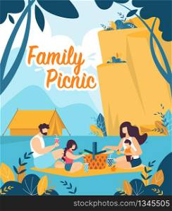 Colorful Flyer is Written Family Picnic Cartoon. Parents with Children Sit on Picnic Mat against Mountains. Banner Hiking in Mountains and Family Dinner Together. Vector Illustration.. Colorful Flyer is Written Family Picnic Cartoon.