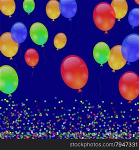 Colorful Flying Balloons. Colorful Flying Balloons and Falling Confetti on Blue Background.
