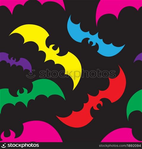 Colorful flying bats on black background for Halloween greetings. Seamless pattern. Vector illustration.