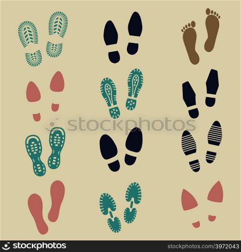 Colorful footprints - female, male and sport shoes footmarks. Rubber shoe sole print. Vector illustration. Colorful footprints - female, male and sport shoe