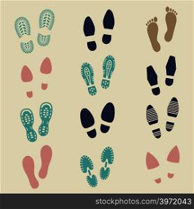 Colorful footprints - female, male and sport shoes footmarks. Rubber shoe sole print. Vector illustration. Colorful footprints - female, male and sport shoe
