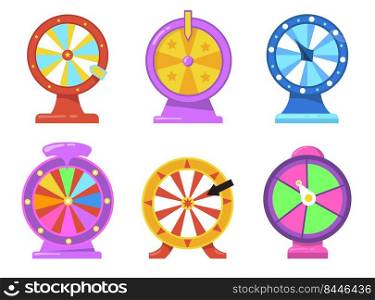 Colorful fortune wheel flat item set. Cartoon gambling roulette with arrows for internet casino isolated vector illustration collection. Lottery and prize winning concept
