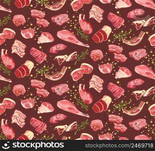Colorful fresh pork meat seamless pattern with various parts of cutting pig in sketch style vector illustration. Colorful Fresh Pork Meat Seamless Pattern