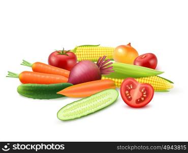 Colorful Fresh Vegetables Template. Colorful fresh vegetables template with cucumber tomato beet carrot onion and corn isolated vector illustration