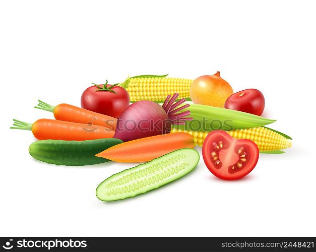 Colorful fresh vegetables template with cucumber tomato beet carrot onion and corn isolated vector illustration. Colorful Fresh Vegetables Template