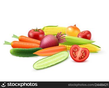 Colorful fresh vegetables template with cucumber tomato beet carrot onion and corn isolated vector illustration. Colorful Fresh Vegetables Template