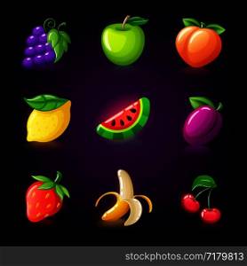 Colorful fruit slots icon set for casino slot machine, gambling games isolated, mobile puzzle game design, vector illustration. Colorful fruit slots icon set for casino slot machine, gambling games, icons for mobile arcade and puzzle games vector