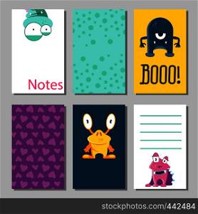 Colorful funny cards set with cute monsters. Templates for birthday, anniversary and party invitations, scrapbooking. Vector illustration. Colorful funny cards set with cute monsters. Templates for birthday, anniversary, party invitations, scrapbooking