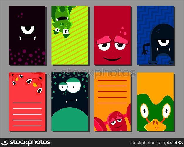 Colorful funny cards set with cute monsters. Templates for birthday, anniversary, party invitations, scrapbooking. Vector illustration. Colorful funny cards set with cute monsters. Templates for birthday, anniversary, party invitations