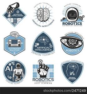 Colorful futuristic innovations labels collection with robotic cybernetic artificial intelligence technologies in vintage style isolated vector illustration. Colorful Futuristic Innovations Labels Collection