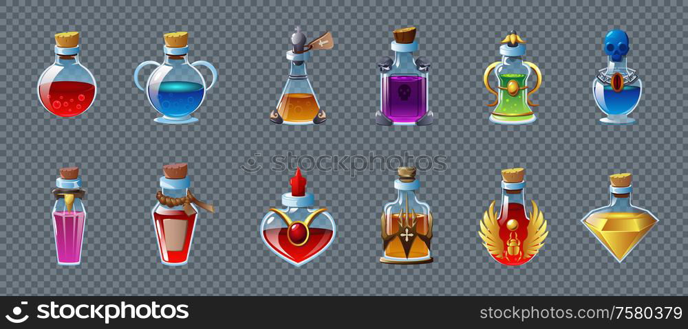 Colorful game magic potions in different bottles realistic set isolated on transparent background vector illustration