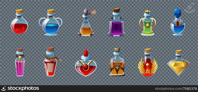 Colorful game magic potions in different bottles realistic set isolated on transparent background vector illustration