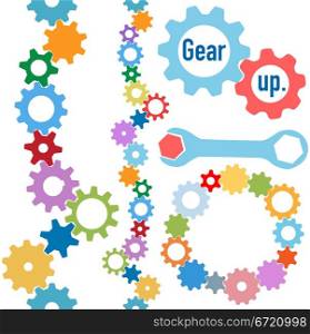 Colorful gears and wrench and bolt Gear Up to form line and circle borders