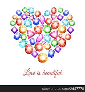 Colorful gemstones in heart shape with love is beautiful lettering vector illustration. Gemstones Heart Shape