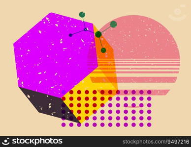 Colorful geometric shapes. Object in trendy riso graph design. Geometry elements abstract risograph print texture style.