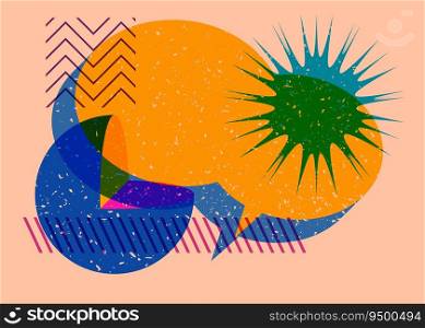 Colorful geometric shapes with speech bubble. Object in trendy riso graph design. Geometry elements abstract risograph print texture style.