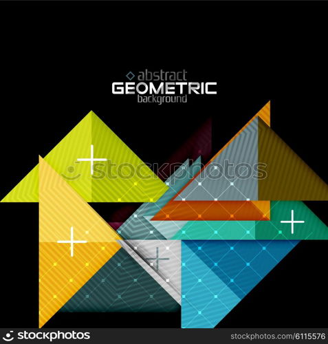 Colorful geometric shapes with texture on black. Modern futuristic abstract design template. Colorful geometric shapes with texture on black. Modern futuristic abstract design template. Vector illustration