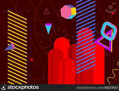Colorful geometrical graphic retro theme with red background. Minimal geometric elements poster design. Vintage abstract shapes template for poster banner.