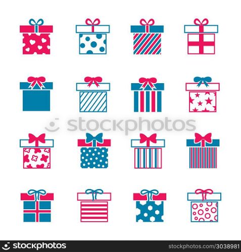 Colorful gift boxes vector icons set. Colorful gift boxes vector icons set. Present to birthday and other holiday illustration
