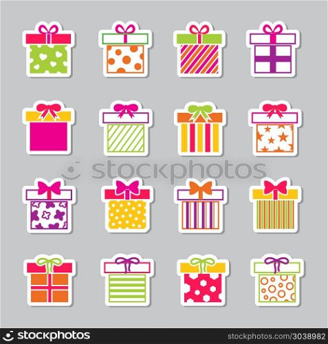 Colorful gift boxes vector icons set. Colorful gift boxes vector icons set. Birthday holiday and christmas illustration