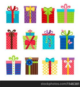Colorful gift boxes with ribbons set on white background. Vector illustration. Colorful gift boxes with ribbons set