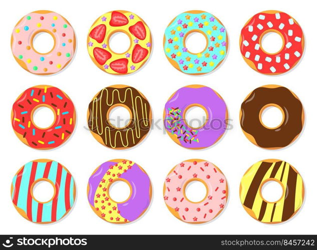 Colorful glazed donuts flat vector illustrations set. Simp≤trendy pattern with doughnuts with chocolate cream topπng, sweet food from dough isolated on white background. Pastry, bakery concept