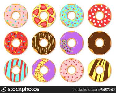 Colorful glazed donuts flat vector illustrations set. Simp≤trendy pattern with doughnuts with chocolate cream topπng, sweet food from dough isolated on white background. Pastry, bakery concept