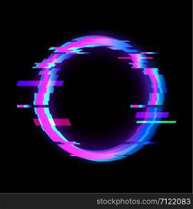Colorful glitch circle geometric shape, frame with neon glitch effect on black background, vector illustration. Colorful glitch circle geometric shape, frame with neon glitch effect