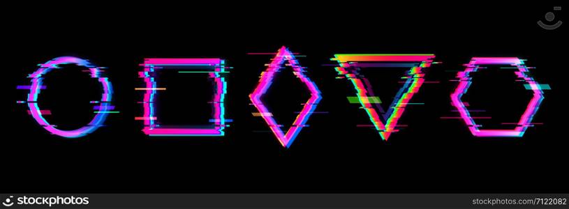 Colorful glitch geometric shapes, frames set with neon effect on black background, circle, square, rhombus, triangle, hexagon, vector illustration. Colorful glitch geometric shapes, frames set with neon effect