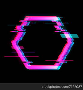 Colorful glitch hexagon geometric shape, frame with neon glitch effect on black background, vector illustration. Colorful glitch hexagon geometric shape, frame with neon glitch effect