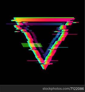 Colorful glitch triangle geometric shape, frame with neon glitch effect on black background, vector illustration. Colorful glitch triangle geometric shape, frame with neon glitch effect