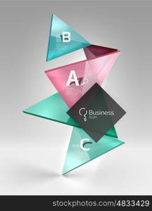 Colorful glossy glass triangle on empty 3d space. Vector template background for workflow layout, diagram, number options or web design