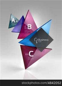 Colorful glossy glass triangle on empty 3d space. Vector template background for workflow layout, diagram, number options or web design
