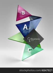 Colorful glossy glass triangle on empty 3d space. Vector template background for workflow layout, diagram, number options or web design