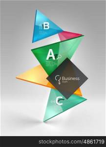 Colorful glossy glass triangle on empty 3d space. Vector template background for workflow layout, diagram, number options or web design