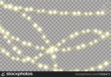 Colorful Glowing Garland for New Years and Christmas Trees. LED holiday lights billboards, billboards on transparent background. Vector Illustration. EPS10. Colorful Glowing Garland for New Years and Christmas Trees. LED holiday lights billboards, billboards on transparent background. Vector Illustration