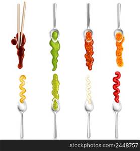 Colorful gourmet collection of isolated icons depicting different sauce with spoon and chopsticks in realistic style vector illustration. Sauce With Spoon Gourmet Collection