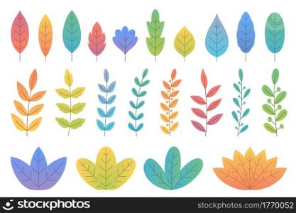 Colorful gradient leaves and trees, bushes and branches, white background, vector eps10 illustration. Colorful Leaves and Branches