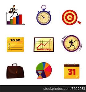 Colorful graphics, old timer, target with arrow, to do list, mechanical clocks, leather briefcase and paper calendar isolated vector illustrations.. Time Management Themed Isolated Illustrations Set