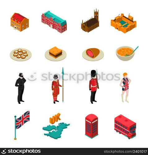 Colorful great britain isometric touristic set with british national cuisine architecture characters and symbols isolated on white background vector illustration. Great Britain Isometric Touristic Set