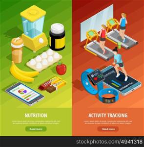 Colorful Gym Isometric Vertical Banners. Colorful gym isometric vertical banners with healthy lifestyle activities and proper eating vector illustration