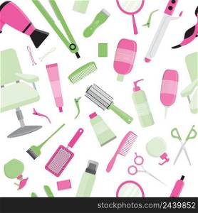 Colorful hair styling tools kit collection seamless pattern. Accessories, shampoo, comb, hair curler, hairdryer, hair straightener, hairbrush, hairspray, mirror, hairpins ecc.