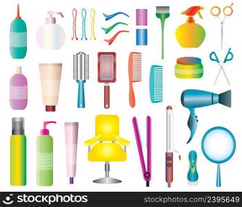 Colorful hair styling tools kit set isolated on white background. Accessories, shampoo, comb, hair curler, hairdryer, hair straightener, hairbrush, hairspray, mirror, hairpins ecc.