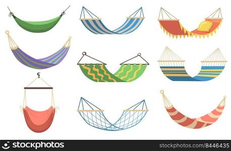 Colorful hammocks of different types flat set for web design. Cartoon hammocks for relaxing, swinging, sleeping, resting on beach vector illustration collection. Recreation and summer vacation concept